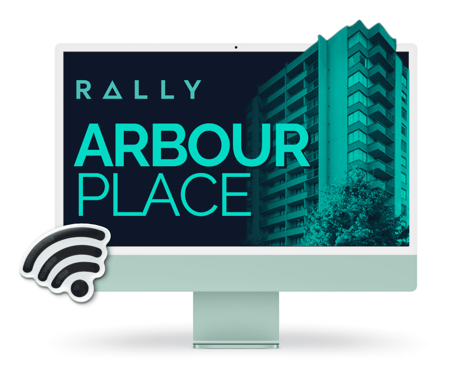 An iMac computer with a picture of a building the Rally logo and a Wi-Fi symbol appear prominently and the building name Arbour Place