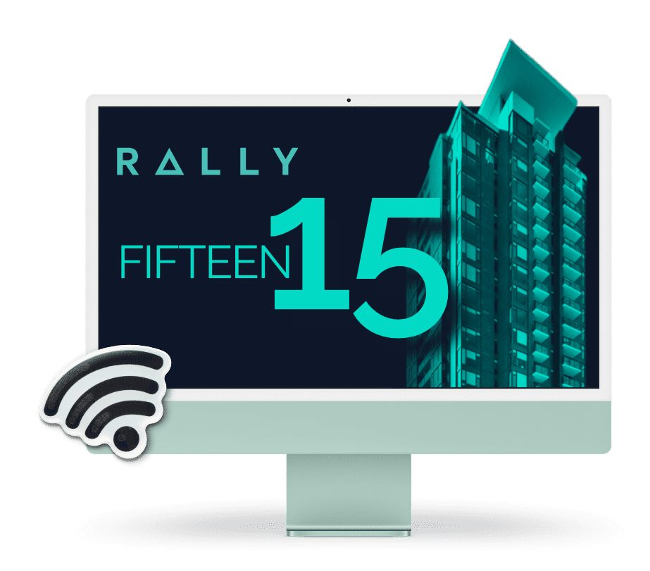 An iMac computer with a picture of a building the Rally logo and a Wi-Fi symbol appear prominently and the building name Fifteen15