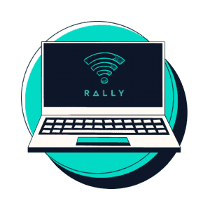 An illustration of a laptop with a WiFi symbol and the Rally logo on the screen