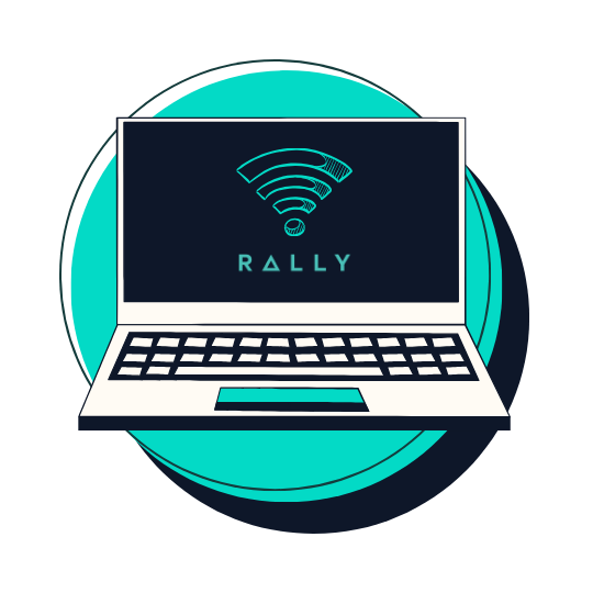 An illustration of a laptop with a WiFi symbol and the Rally logo on the screen