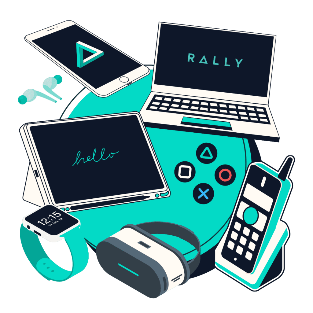 An illustration of digital devices including a laptop, tablet, phone, VR headset and smart watch that can all be used on the Internet