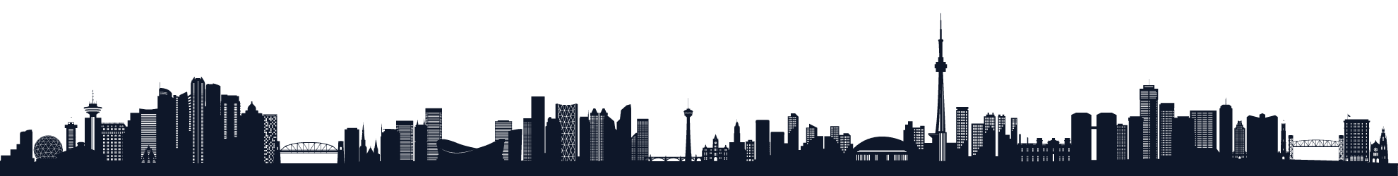 A skyline depicting cities from across Canada including Vancouver, Calgary, Edmonton, Toronto, Hamilton to illustrate regions served by Rally