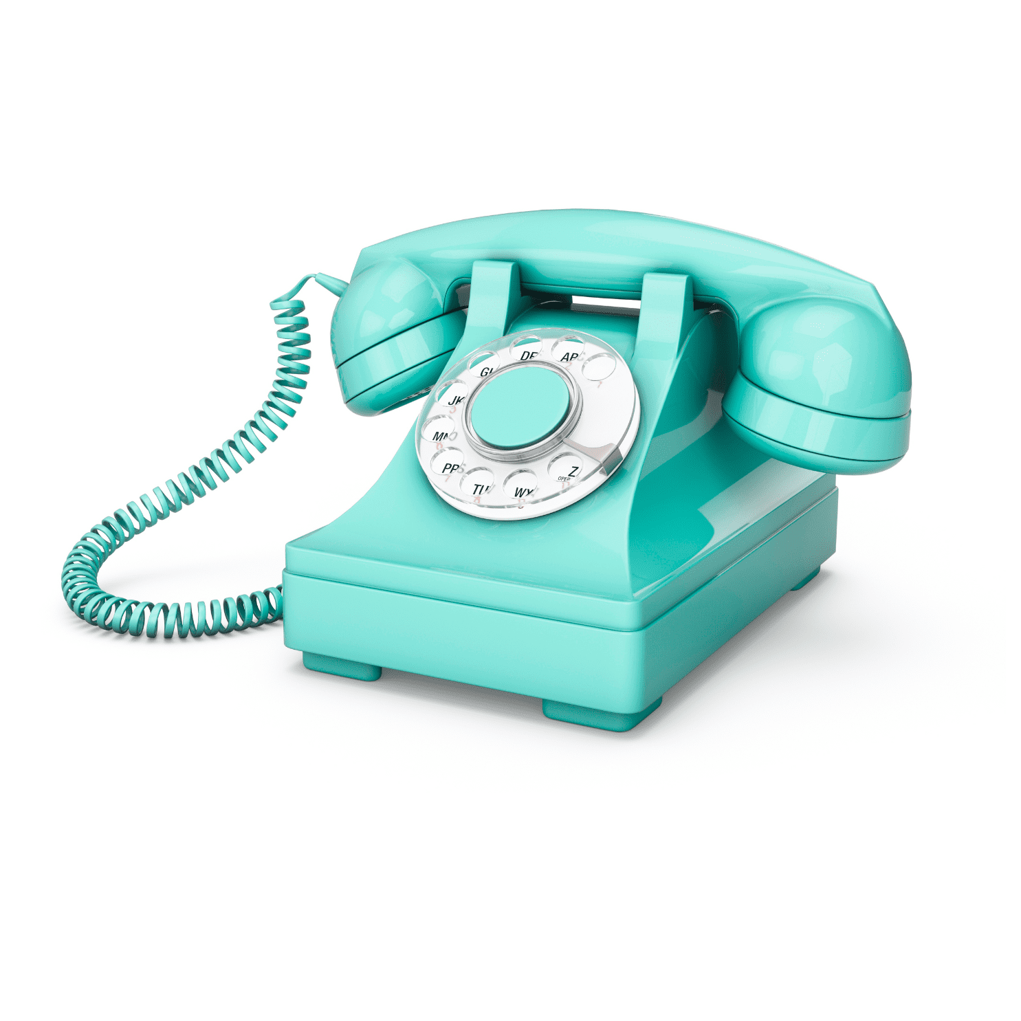 A turquoise coloured vintage rotary telephone